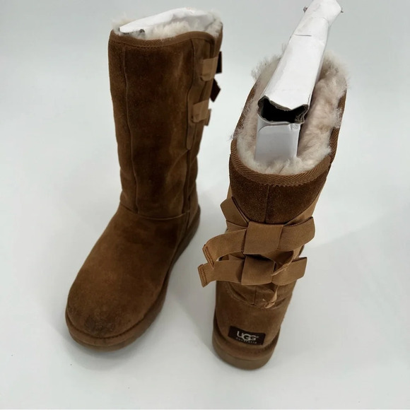 UGG Allegra Bow II Chestnut Boots Sheepskin Women’s Size 9 Suede Wool Boots - Picture 7 of 10